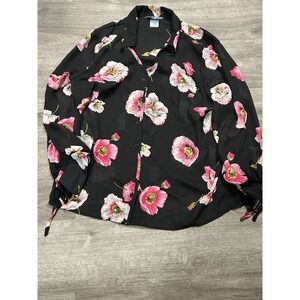 Koret Blouse Plus Sz 20W Sheer Button-down AOP floral motif Career Church Cuff